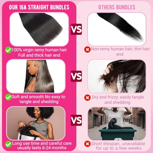 Beauty Queen 16A Brazilian Straight Bundles Human Hair (20 22 24 Inch) 100% Unprocessed Straight Human Hair Quick Weave Hair 3 Bundles Thick Remy Virgin Hair Extensions Natural Color