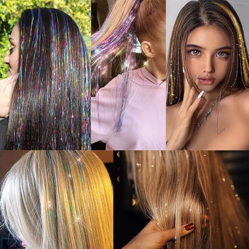 Hair Tinsel kit 20 Colors with Tools, 50 Inch Fairy Hair Tinsel Kit Extensions, 8600 Heat Resistant Holographic Glitter Strands Sparkle Party Halloween Cosplay Hair Accessories for Girls (20 Colors)