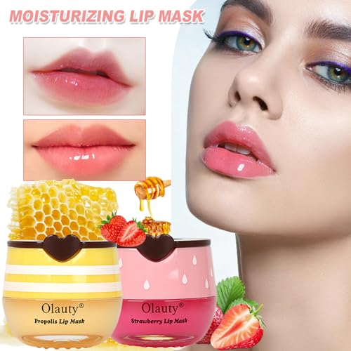 3 PCS Bee Lip Mask Honey Pot Lip Balm,Strawberry Watermelon Lip Mask Overnight Hydrating Dry and Crack Lip Scrubs Exfoliator Propolis Lip Sleeping Mask (Strawberry & Watermelon & Honey)