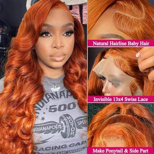 20 Inch Ginger Orange Lace Front Wigs Human Hair 13x4 Body Wave HD Lace Frontal Glueless Human Hair Pre Plucked Hairline Brazilian Colored Wig 180% Density