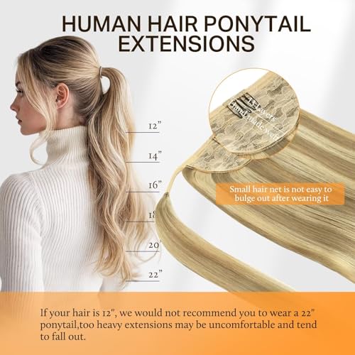 DOORES Human Hair Extensions Ponytail Extension Balayage Light Blonde Highlighted Golden Blonde 20 Inch 90g Clip in Hair Extensions Wrap Around Clip in Straight Ponytail Hair Piece with Magic Paste