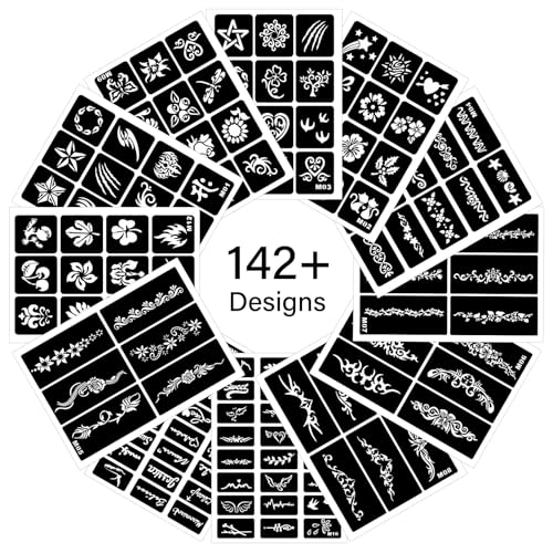 12 Temporary Tattoo Stencils,142 PCS Henna Stencils Reusable Tattoo Stencils for Face Body Art Painting for Women Men Adults Kids