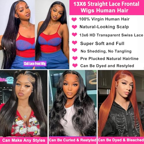 28 Inch 13x6 Lace Front Wigs Human Hair Pre Plucked HD Straight Lace Front Wigs Human Hair 180% Density Frontal Wig Human Hair Natural Black Natural Black