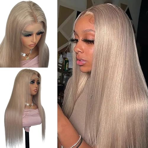 13x6 Transparent Lace Front Wigs Human Hair Ash Blonde Wig Human Hair 180% Density Ash Blonde Straight Lace Front Wigs for Black Women Pre Plucked Colored HD Lace Frontal Wig 26 Inch