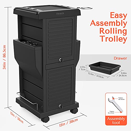 TASALON Professional Salon Trolley Cart, Lockable 6 Trays & 2 Holders, Space Saving Mobile Storage for Hair Salon and Beauty Station? - Black