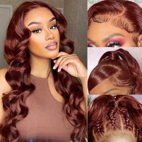 220 Density Reddish Brown Lace Front Wigs Human Hair 13x6 Body Wave Lace Front Wigs Pre Plucked with Baby Hair for Women 100% Human Hair Auburn Colored HD Lace Frontal Wigs 22 Inch