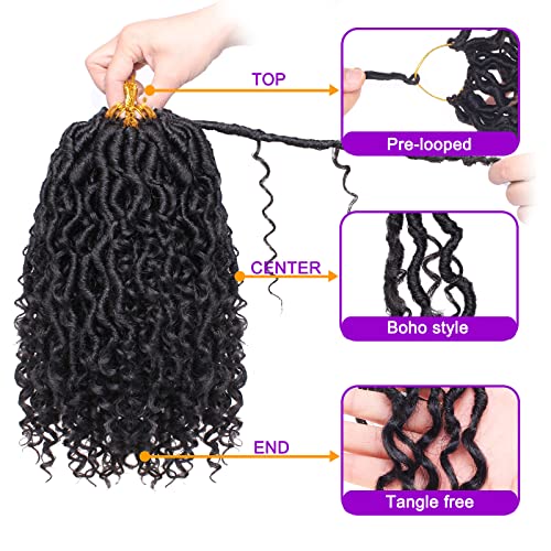 ZRQ 10 Inch Goddess Locs Crochet Hair Short Faux Locs Crochet Braids, 8 Packs Hippie Locs Croceht Hair Pre Looped River Locs With Curly Ends Bohemian Soft Locs Hair Extension 1B#