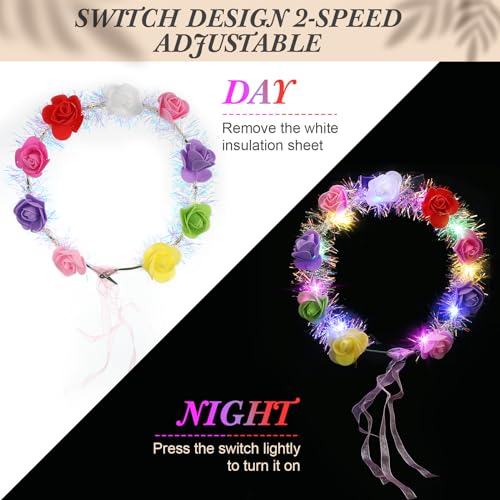 Syhood 40 Pcs LED Flower Headband, Light up Flower Crown Garland Headdress Floral Headpiece for Women Hair Accessories Bridal Shower Holiday Birthday Wedding Party(Rose Style)