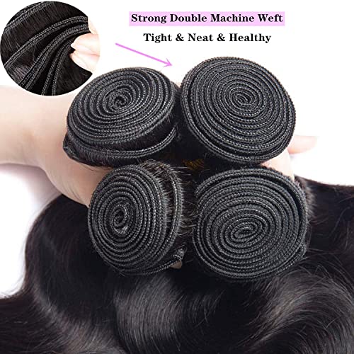 Peruvian Loose Deep Wave Bundles with Closure,(20"22"24"+18Closure) 8A Peruvian Virgin Hair Long Loose Deep Hair Bundles with 4X4 Free Part Top French Lace Closure Natural Black