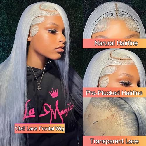 Silver Grey Lace Front Wigs Human Hair 13X6 Straight Hd Transparent Grey Lace Front Wig Human Hair Wear and Go Glueless Gray Wigs Human Hair Pre Plucked 26 Inch Colored hd Frontal Wigs for Black Women