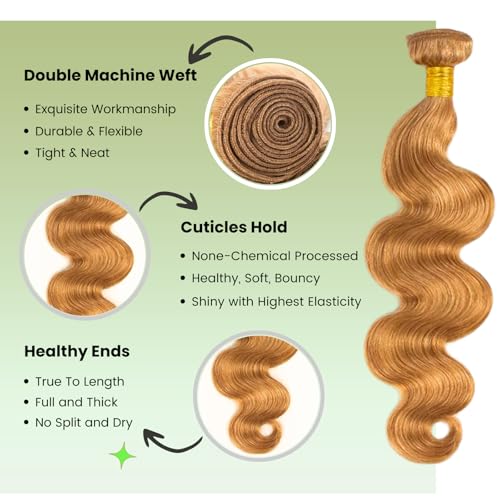 ALHER 12A Honey Blonde Body Wave Human Hair Bundles with Closure, Color #27 Sun-kissed Vibe Golden Blonde Body Wave HD Transparent 4x4 Closure with 3 Bundles Soft Thick Sew In Weave Wavy 14 16 18 +14