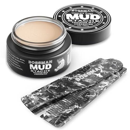 Bossman MUDstache Mustache Wax for Men + Acetate Folding Mustache & Beard Comb ? Unscented Styling and Grooming Kit