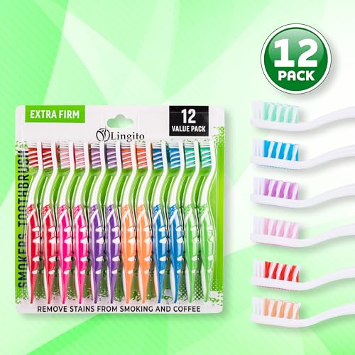 Lingito Extra Firm Toothbrush Set for Adults or Smokers Travel Toothbrush Kit, Hard Multicolor Denture Brush, Large Head, Manual Travel Toothbrush Hard Bristles (12 Pack)