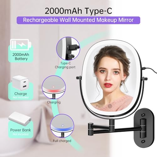 FUNTOUCH Rechargeable Wall Mounted Lighted Makeup Vanity Mirror, Double Sided 1X/7X Magnification, 3 Dimmable Light Settings, Extension Arm, Oval Frame, Ideal for Makeup