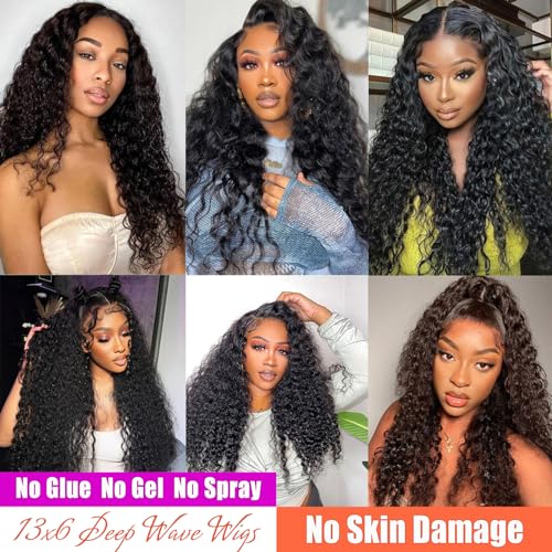 13x6 Deep Wave Lace Front Wigs Human Hair Glueless Wigs 200% Density HD Transparent Lace Front Wigs Pre Plucked Bleached Knots Curly Lace Front Wig 26 Inch