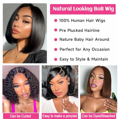 Bob Wigs Human Hair 13x4 HD Lace Front Bob Wig Human Hair Short Straight Frontal Glueless Bob Wigs for Black Women Human Hair Pre Plucked with Baby Hair Side Part 180% Density 12 Inch D