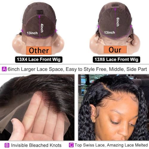 Nakkia 13x6 Deep Wave Bob Lace Front Wig Human Hair 13x6 Lace Frontal Wigs 180% Density Curly Bob Wig Human Hair Pre Plucked for Women Natural Black 12 Inch