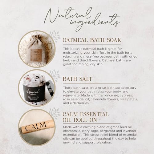 Soulistic Root Relaxing Bath Gift Set, Luxury Spa Gifts for Women, Self Care Products for Women and Men, Calm Essential Oil Roller, Oatmeal Lavender Bath Soak & Epsom Salts with Essential Oils