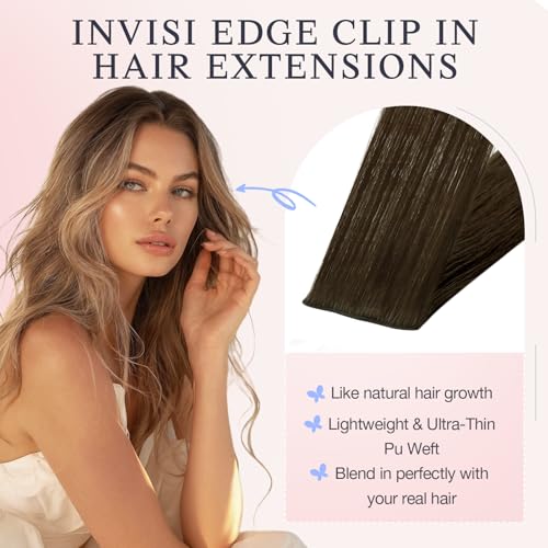 DOORES Invisible Clip in Hair Extensions 18 inch 110g 7pcs, Real Human Hair Invisi Edge Clip in Extensions, Virgin PU Clipins Straight Thickening Hairstyle, 4/27/4 Chocolate Brown to Caramel Blonde