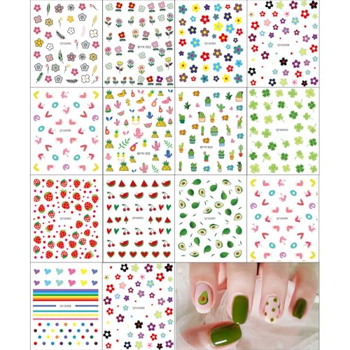 JMEOWIO 14 Sheets Cute Nail Stickers for Kids Nail Art Stickers Decals Self-Adhesive Pegatinas U?as Rainbow Flower Fruit Nail Supplies Nail Art Design Decoration Accessories