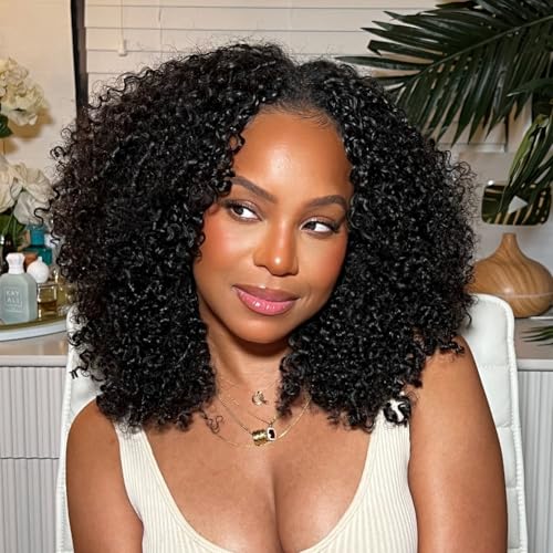 OQ Hair V Part Wig Human Hair Afro Curly Upgrade U Part With Adjustable Drawstring 180% Density V Shape Clip In Half Wig For Women Natural Color 20 Inch