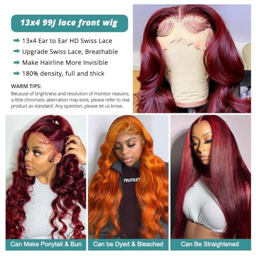 Allove 99j Burgundy Lace Front Wigs Human Hair Pre Plucked 180% Density 26inch Body Wave Lace Front Wigs Human Hair with Baby Hair 13x4 Glueless HD Transparent Frontal Human Hair Wigs For Women