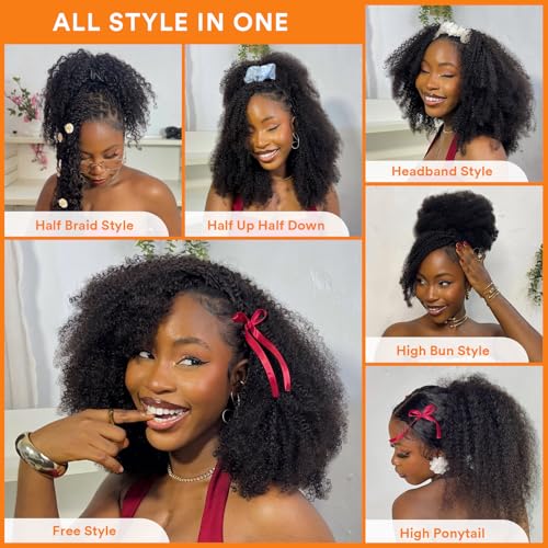 Kinky Curly Half Wig Human Hair 250% Density 16 Inch Burmese Kinkycurly Wig Human Hair,3 In 1 Seamless Flip Over Drawstring Ponytail Headband Wig Human Hair Glueless Wear and Go