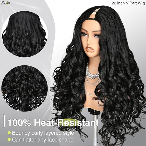 SOKU Long Curly V Part Wig 22 Inch Natural Black Curly Half Wig Upgrade U Part Synthetic Hair Daily Wigs Ready to Wear Glueless for Black Women