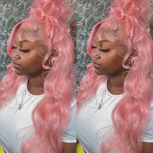 ANDRIA 13x4 HD Lace Front Wigs 28 Inches Pink Body Wave Long Glueless Lace Frontal Wigs Pre-plucked Hairline Synthetic Lace Front Wig With Baby Hair Heat Resistant Fiber Hair Wigs For Women