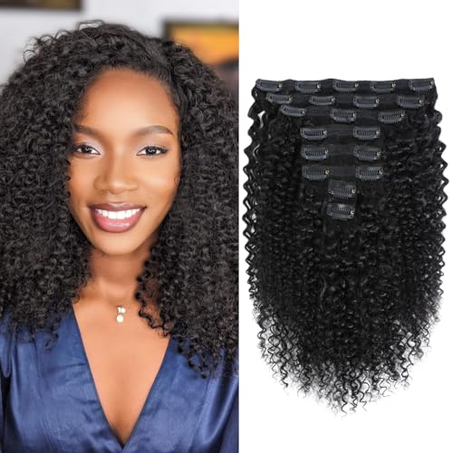 Kinky Curly Clip ins Human Hair 3C 4A Curly Clip in Hair Extensions for Black Women 8Pcs with 20Clips 120g/set 10A Brazilian Human Hair Natural Black 16 Inch
