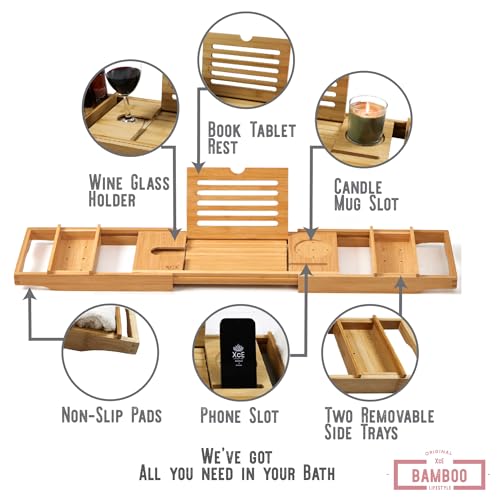 XcE Bathtub Caddy Tray Expandable to 105cm with Bamboo Book Stand and Soap Tray, Natural