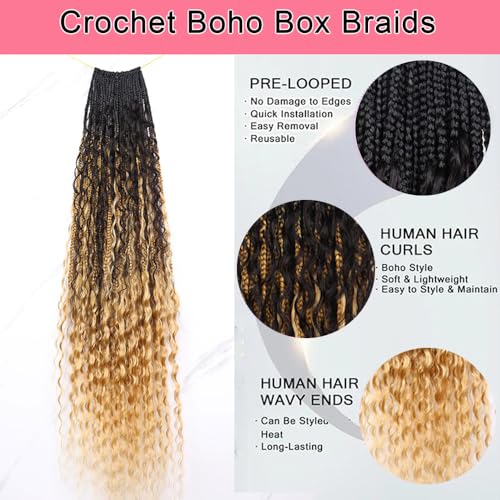 Crochet Boho Box Braids With Human Hair 1bT27# Honer Blonde Color Pre Looped Hair Goddess Box Braids With Human Hair Curly Full Ends Hair Extensions For Women 18inch 2 Pack(80 Strands)