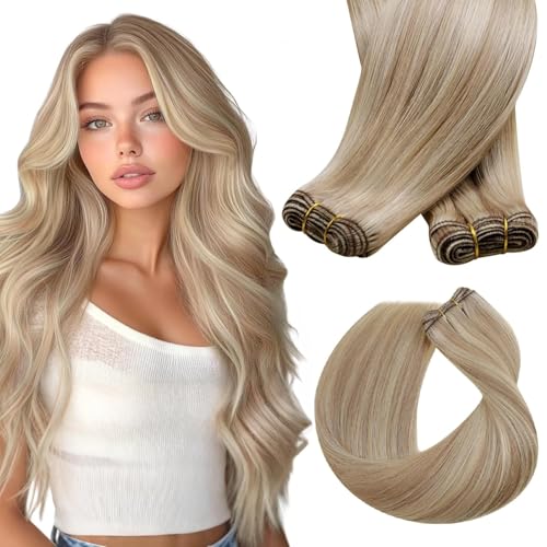 Sunny Hair Human Hair Weft Extensions Blonde Human Hair Extensions Sew in Bundle 20inch Hand Tied Weft Hair Extensions Human Hair Ash Blonde Highlight Bleach Long Hair Extensions Sew in 100g
