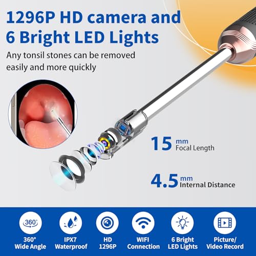 Tonsil Stone Remover with Camera£¬Tonsil Stone Removal Tool with LED Light£¬TonsilCleaner for Tonsil Stone Removal£¬Tonsillolith Removal Tool with 4 Head £¬Attachments for iOS & Android (Black and Gold)
