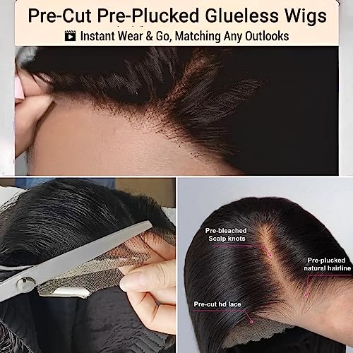 Wear and Go Kinky Curly Glueless Wig Human Hair, 6x4 Pre-Cut HD Lace Glueless Wigs Pre-Plucked, Transparent No Glue Lace Front Closure Wigs for Women 200% Density 26 inch