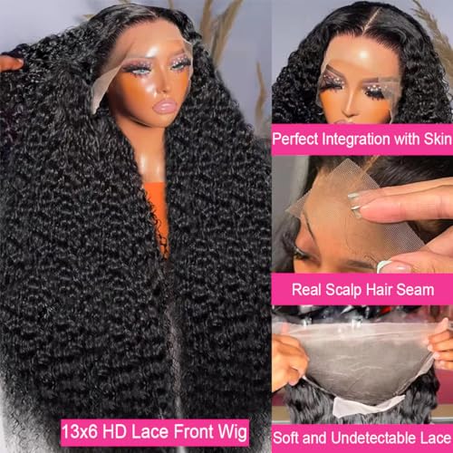 BELE 13x6 Deep Wave Lace Front Wigs Human Hair 26 Inch 200% Density Deep Curly Lace Front Wigs Human Hair Brazilian Vrigin Hair Curly HD Transparent Lace Frontal Wig Pre Plucked with Baby Hair