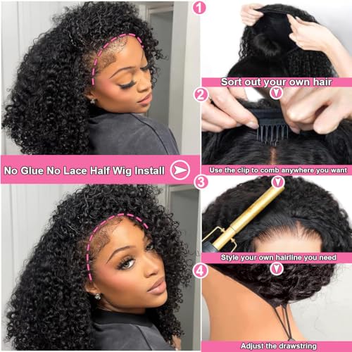 20 Inch Kinky Curly Half Wig Human Hair 200 Density Upgrade 3 In 1 Seamless Flip Over Half Drawstring Wigs Human Hair Glueless Wear And Go Beginner Friendly Glueless Wigs Human Hair For Black Women