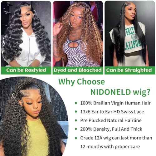 13x6 Deep Wave Lace Front Wigs Human Hair 200 Density Pre Plucked HD Lace Brazilian Virgin Curly Human Hair Wig Wet and Wavy Water Wave Lace Frontal Wigs for Women Natura Black 22 Inch Deep Wave Wig