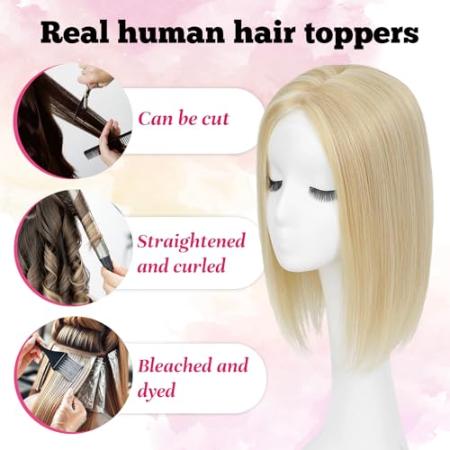 Hair Toppers for Women Real Human Hair 14 Inch No Bangs 65 Gram 100% Real Human Hair Toppers for Women with Thinning Hair 5x5 Hand-Tied Breathable Swiss Lace Base Blonde 3 Clips in Hair pieces,#18/613