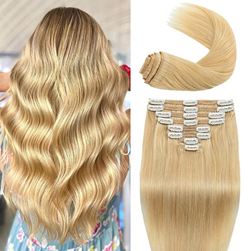 S-noilite Clip in Hair Extensions Real Human Hair Natural Blonde 18 Inch 8pcs 140g Straight Real Hair Extensions Clip Ins Double Weft #24