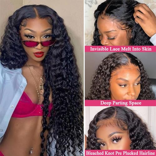 LICHANG 30 Inch Deep Wave Lace Front Wigs Human Hair 4x4 Transparent Lace Closure Wet and Wavy Wigs for Black Women Pre Plucked Human Hair Wig with 180% Density Nature Color
