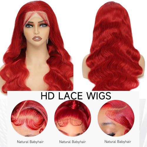 32 inch Red Lace Front Wigs Human Hair 200% Densit Red Human Hair Wig Pre Plucked Body Wave 13x4 Lace Front Wigs Frontal for Women