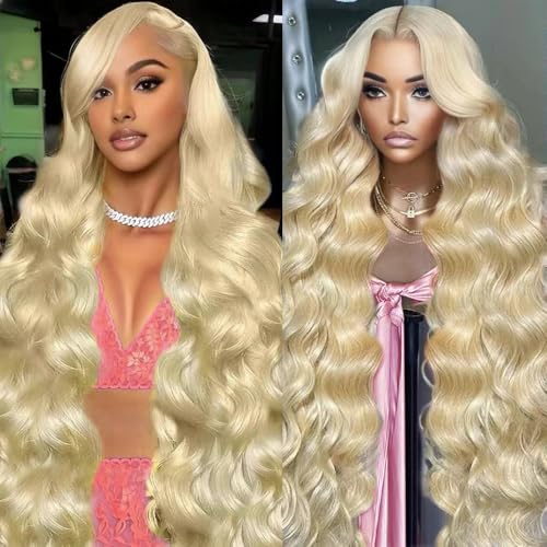 613 13x6 Lace Front Wig Human Hair 32 Inch Blonde Lace Front Wigs Pre Plucked Blonde Wig Human Hair 200 Density 613 Body Wave HD Lace Frontal Wigs Glueless Wigs