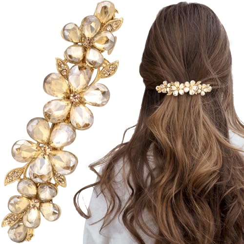 Joez Wonderful Rhinestone Hair Clips, Bridal Hair Accessories for Women, Sparkly Crystal Hair Pins, Fancy Hair Barrettes for Wedding, Bride, Long Hair (Champagne Flower, 1 Pcs)
