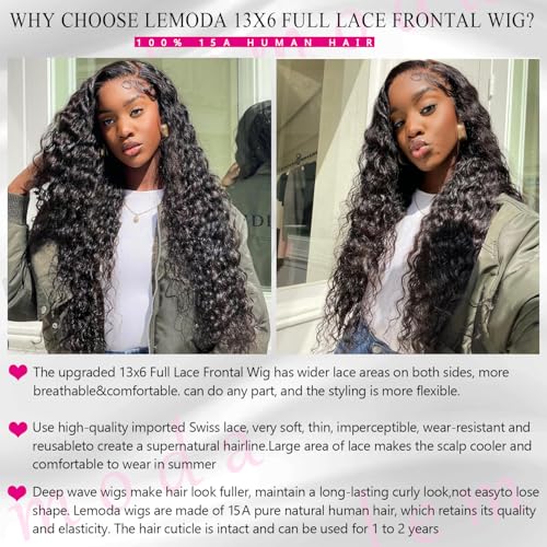 Lemoda Deep Wave 13x6 Full Lace Frontal Wigs Human Hair 200% Density HD Lace Pre Plucked Deep Wave Frontal Wig Human Hair Curly Wig for Black Women Wet and Wavy Wig 22Inch Natural Color