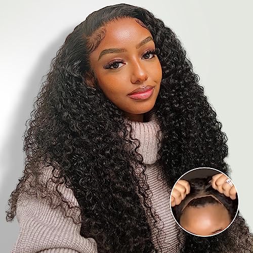 Wear and Go Kinky Curly Glueless Wig Human Hair, 6x4 Pre-Cut HD Lace Glueless Wigs Pre-Plucked, Transparent No Glue Lace Front Closure Wigs for Women 200% Density 26 inch