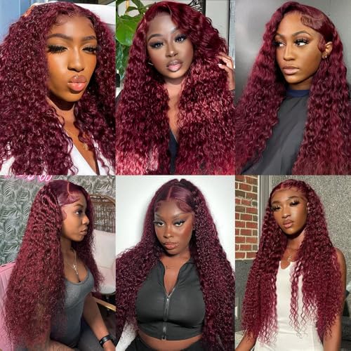 99J Burgundy Lace Front Wigs Human hair Deep Wave 13x6 HD Lace Frontal Wigs Human Hair Pre Plucked 200 Density Wine Red Colored 99J Curly human Wig with Baby Hair 26 inch Glueless Wig