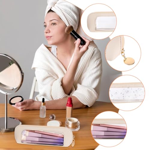 Small Clear Makeup Bag, PU Leather Travel Makeup Brush Case Portable Transparent Waterproof Cosmetic Organizer Pouch with Zipper for Women Home Travel Office Makeup Storage (White)