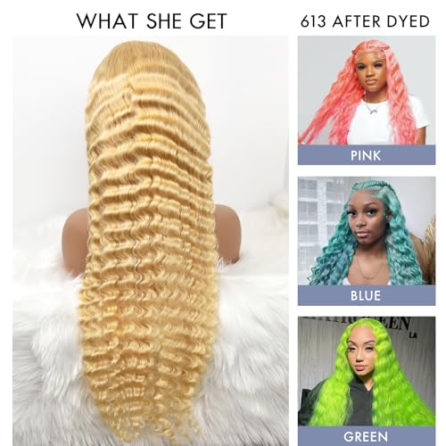 ELISHEVA 613 13x6 Lace Front Wig Human Hair 28 Inch Blonde Wig Human Hair 613 Deep Wave HD Blonde Lace Front Wigs 200% Density Free Part 613 Wig Deep Wave Pre Plucked with Baby Hair