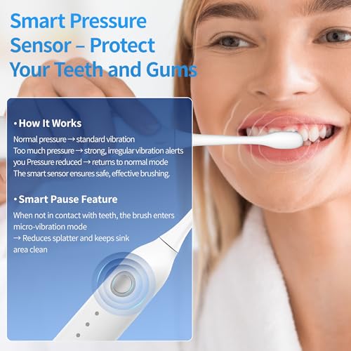 Sonic Vibrating Toothbrush with Pressure Sensor, Rechargeable Tooth Brush with 8 Brush Heads, 3 Modes, 33000VPM, 2-Min Timer, One Charge Lasts for 30 Days, 3D Rounded Soft Bristles, IPX7 Waterproof